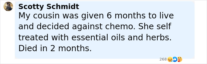 Comment by Scotty Schmidt discussing anti-vax approach and cancer treatment outcomes after refusing chemotherapy.