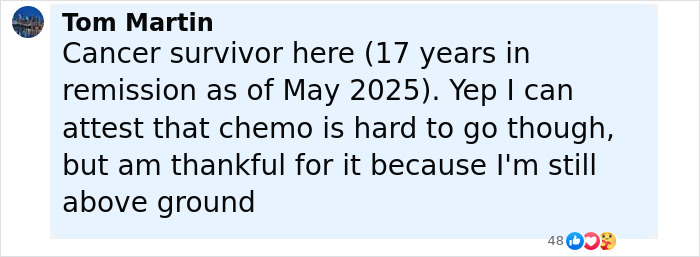 Screenshot of a social media comment from Tom Martin discussing cancer survival and chemotherapy challenges.