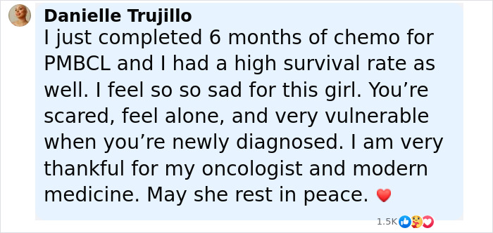 Comment expressing sadness over cancer loss, referencing chemotherapy and gratitude for oncologist and modern medicine.