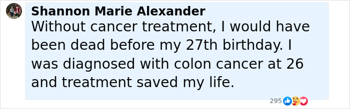 Comment from anti-vax mom of Cambridge 23-year-old cancer patient discussing treatment and doctors' response.