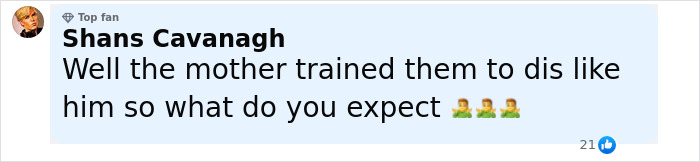 Comment by Shans Cavanagh expressing opinion on family dynamics related to Brad Pitt cutting off contact with his sons. Comment by Shans Cavanagh expressing opinion on family dynamics related to Brad Pitt cutting off contact with his sons.