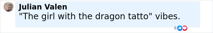 Comment by Julian Valen with glasses and a beard, referencing The Girl with the Dragon Tattoo vibes in a social media post.
