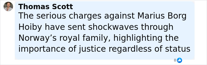 Comment by Thomas Scott on charges against Norwegian Crown Princess’s son affecting royal family and justice importance