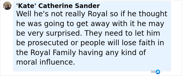 Comment about Norwegian Crown Princess’s son facing dozens of charges, displayed on a social media post with 34 reactions.