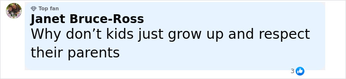 Comment on social media from Janet Bruce-Ross expressing frustration about kids respecting parents amid Brooklyn Beckham family feud. Comment on social media from Janet Bruce-Ross expressing frustration about kids respecting parents amid Brooklyn Beckham family feud.