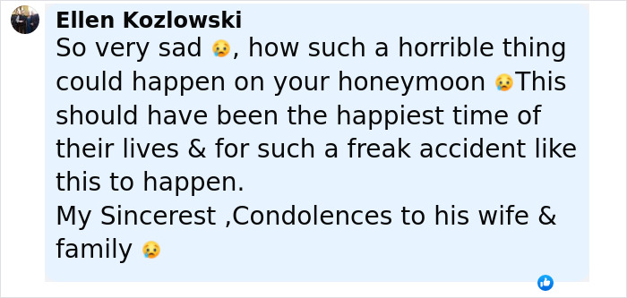 Comment expressing sadness over newlywed’s honeymoon ending in tragedy after stepping into ankle-deep water. Comment expressing sadness over newlywed’s honeymoon ending in tragedy after stepping into ankle-deep water.