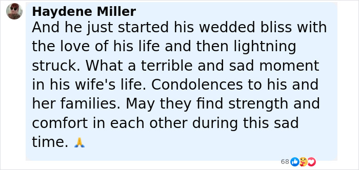 Comment expressing condolences on a newlywed’s honeymoon tragedy after stepping into ankle-deep water. Comment expressing condolences on a newlywed’s honeymoon tragedy after stepping into ankle-deep water.