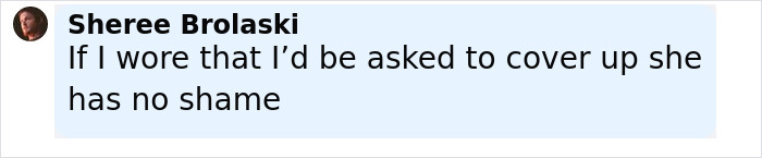 Comment by Sheree Brolaski criticizing outfit choice, mentioning covering up and lack of shame. Comment by Sheree Brolaski criticizing outfit choice, mentioning covering up and lack of shame.