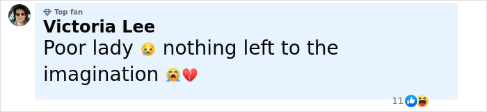 Comment by Victoria Lee expressing sympathy with sad and broken heart emojis on a social media post. Comment by Victoria Lee expressing sympathy with sad and broken heart emojis on a social media post.
