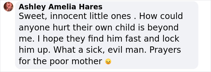 Screenshot of social media comment expressing sorrow for missing sisters found dead and hope police find their father quickly. Screenshot of social media comment expressing sorrow for missing sisters found dead and hope police find their father quickly.