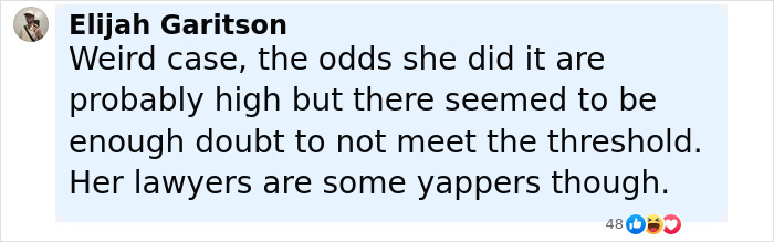Screenshot of a Facebook comment by Elijah Garitson discussing the acquittal in the Karen Read slaying trial. Screenshot of a Facebook comment by Elijah Garitson discussing the acquittal in the Karen Read slaying trial.