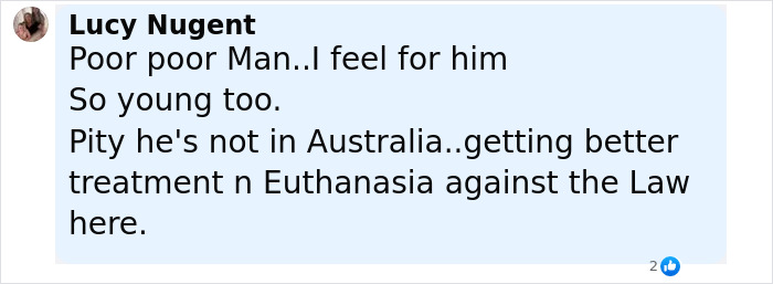 Comment expressing sympathy for a man trapped in hospital for years, mentioning euthanasia and legal issues. Comment expressing sympathy for a man trapped in hospital for years, mentioning euthanasia and legal issues.