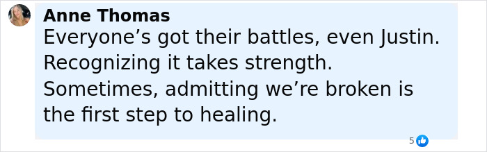 Comment by Anne Thomas discussing Justin Bieber's struggles and strength in admitting feelings after paparazzi meltdown. Comment by Anne Thomas discussing Justin Bieber's struggles and strength in admitting feelings after paparazzi meltdown.