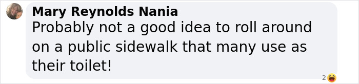 Comment by Mary Reynolds Nania warning about rolling on a public sidewalk used as a toilet, related to Miley Cyrus’ brutal infection. Comment by Mary Reynolds Nania warning about rolling on a public sidewalk used as a toilet, related to Miley Cyrus’ brutal infection.