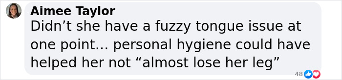 Comment discussing Miley Cyrus’ brutal infection and its possible causes, mentioning fuzzy tongue and personal hygiene. Comment discussing Miley Cyrus’ brutal infection and its possible causes, mentioning fuzzy tongue and personal hygiene.