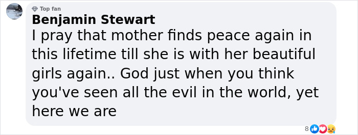 Facebook comment from Benjamin Stewart expressing a prayer for peace after fugitive dad crime involving non-human blood found. Facebook comment from Benjamin Stewart expressing a prayer for peace after fugitive dad crime involving non-human blood found.