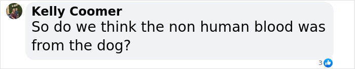 Comment discussing the possibility that non human blood found at the fugitive dad crime scene was from a dog. Comment discussing the possibility that non human blood found at the fugitive dad crime scene was from a dog.