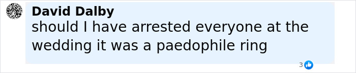 Comment text on social media about a man arrested for a disturbing wedding involving a minor, mentioning a paedophile ring. Comment text on social media about a man arrested for a disturbing wedding involving a minor, mentioning a paedophile ring.