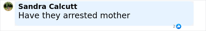 Screenshot of a Facebook comment asking if the mother has been arrested in the disturbing criminal case. Screenshot of a Facebook comment asking if the mother has been arrested in the disturbing criminal case.