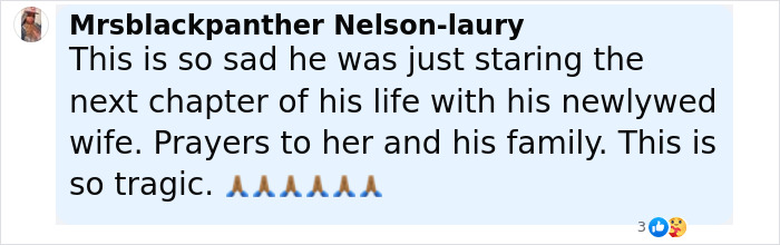 Comment expressing sadness and prayers for a newlywed’s honeymoon ending in tragedy after stepping into ankle-deep water. Comment expressing sadness and prayers for a newlywed’s honeymoon ending in tragedy after stepping into ankle-deep water.