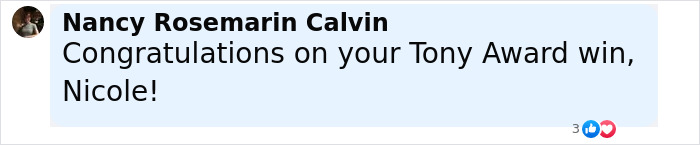 Comment congratulating Nicole Scherzinger on her Tony Award win, mentioning her drastic transformation and possible Ozempic side effect. Comment congratulating Nicole Scherzinger on her Tony Award win, mentioning her drastic transformation and possible Ozempic side effect.