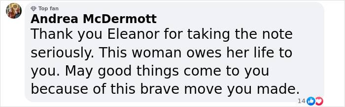 Facebook comment praising Eleanor for her brave move leading to the rescue of a captive woman at Jersey Mike's. Facebook comment praising Eleanor for her brave move leading to the rescue of a captive woman at Jersey Mike's.