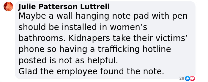 Comment discussing installing note pads in women’s bathrooms to help captive woman’s brave cry for help in Jersey Mike’s subs restroom. Comment discussing installing note pads in women’s bathrooms to help captive woman’s brave cry for help in Jersey Mike’s subs restroom.