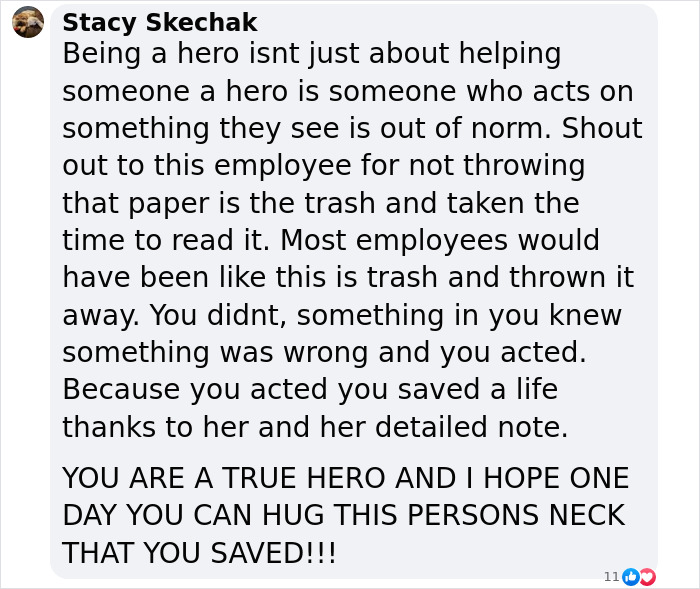 ALT text: Facebook comment praising employee for noticing captive woman’s cry for help in Jersey Mike's restroom and saving her life ALT text: Facebook comment praising employee for noticing captive woman’s cry for help in Jersey Mike's restroom and saving her life