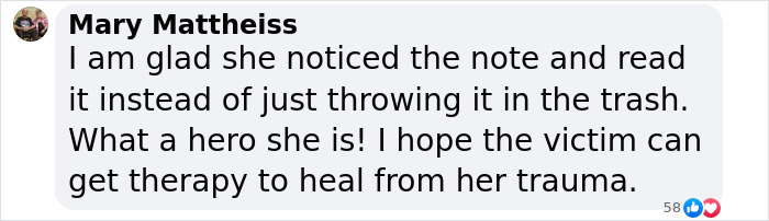 Facebook comment from Mary Mattheiss praising the brave captive woman’s cry for help leading to her rescue. Facebook comment from Mary Mattheiss praising the brave captive woman’s cry for help leading to her rescue.