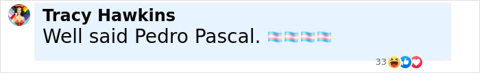 Comment by Tracy Hawkins praising Pedro Pascal, shown on a social media platform with reaction emojis. Comment by Tracy Hawkins praising Pedro Pascal, shown on a social media platform with reaction emojis.