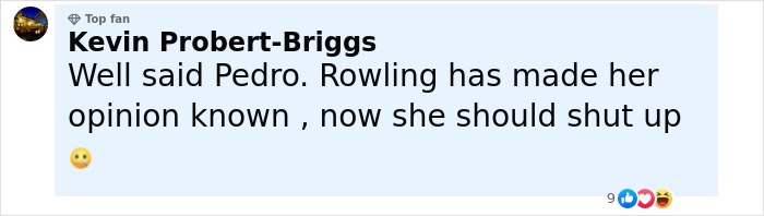 Social media comment defending Pedro Pascal’s criticism of JK Rowling’s controversial statements. Social media comment defending Pedro Pascal’s criticism of JK Rowling’s controversial statements.