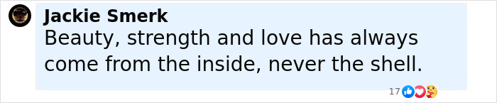 Comment by Jackie Smerk emphasizing inner beauty and strength over outward appearance in black text on a white background. Comment by Jackie Smerk emphasizing inner beauty and strength over outward appearance in black text on a white background.