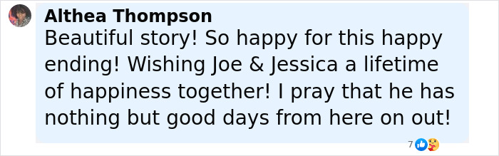 Comment by Althea Thompson expressing happiness and well wishes for Joe and Jessica's future after a challenging face transplant recovery. Comment by Althea Thompson expressing happiness and well wishes for Joe and Jessica's future after a challenging face transplant recovery.