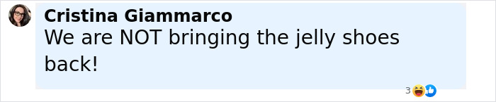 Text message from Cristina Giammarco saying we are NOT bringing the jelly shoes back in a playful conversation. Text message from Cristina Giammarco saying we are NOT bringing the jelly shoes back in a playful conversation.