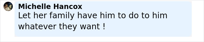 Comment by Michelle Hancox expressing anger towards alleged attacker in a text post. Comment by Michelle Hancox expressing anger towards alleged attacker in a text post.