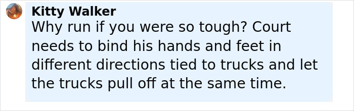 Comment by Kitty Walker in black text on light blue background discussing court actions for alleged attacker. Comment by Kitty Walker in black text on light blue background discussing court actions for alleged attacker.