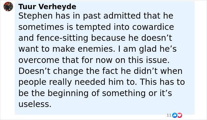 Comment by Tuur Verheyde discussing Stephen Fry’s firm stance in a dispute involving J.K. Rowling and related controversies. Comment by Tuur Verheyde discussing Stephen Fry’s firm stance in a dispute involving J.K. Rowling and related controversies.