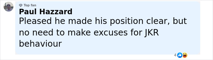 Comment from Paul Hazzard expressing opinion on Stephen Fry's takedown of J.K. Rowling and her behavior. Comment from Paul Hazzard expressing opinion on Stephen Fry's takedown of J.K. Rowling and her behavior.