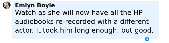 Screenshot of Emlyn Boyle’s comment discussing re-recording HP audiobooks with a different actor amid Stephen Fry’s takedown of J.K. Rowling. Screenshot of Emlyn Boyle’s comment discussing re-recording HP audiobooks with a different actor amid Stephen Fry’s takedown of J.K. Rowling.
