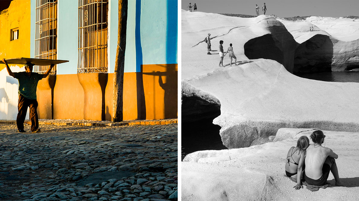 Split image of cinematic photos by Adriana Ferrarese showing a man carrying a board and people relaxing on sunlit rocks.
