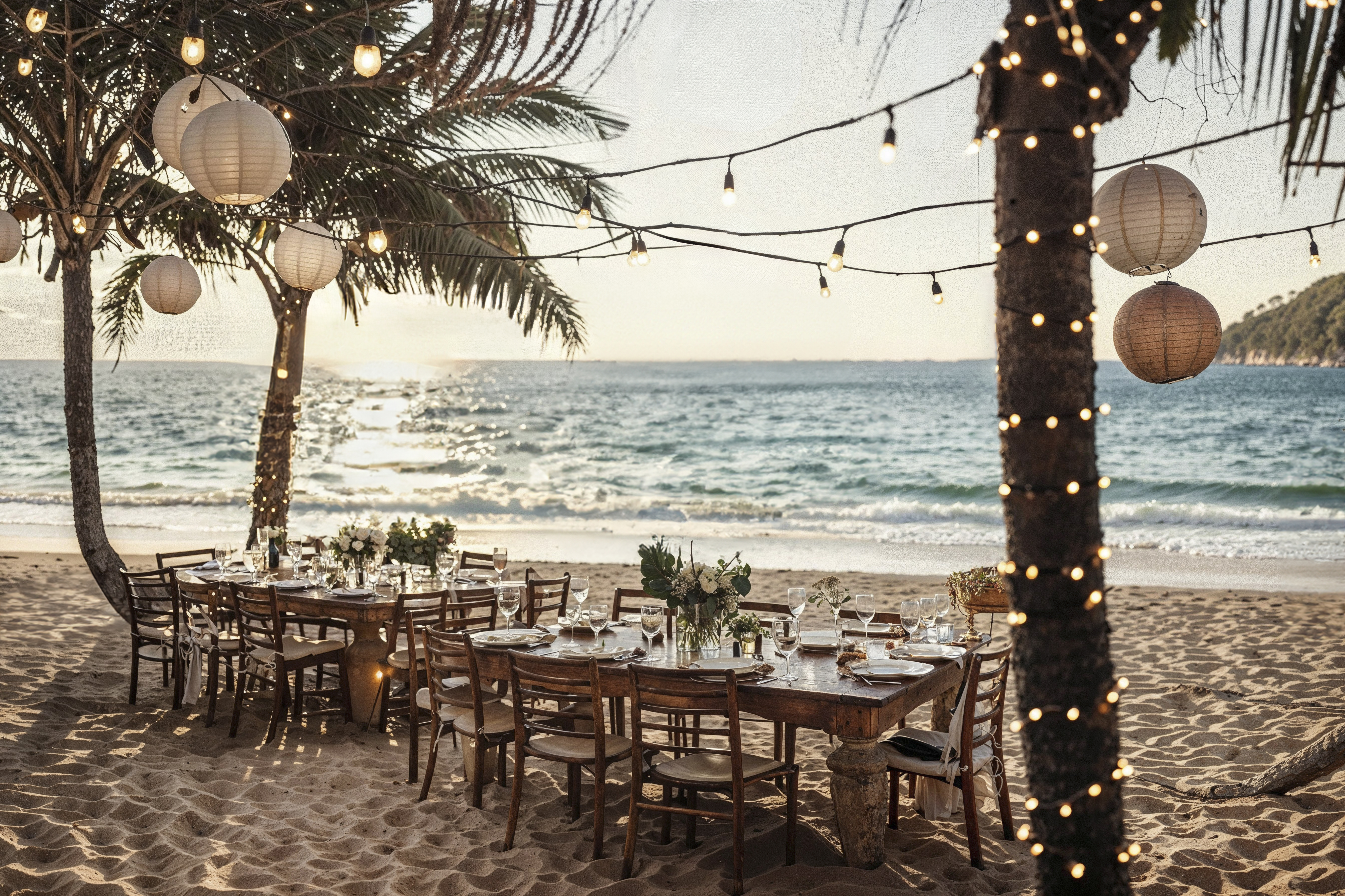 Beach wedding reception setup with decorated tables, string lights, and lanterns near the ocean at sunset Beach wedding reception setup with decorated tables, string lights, and lanterns near the ocean at sunset