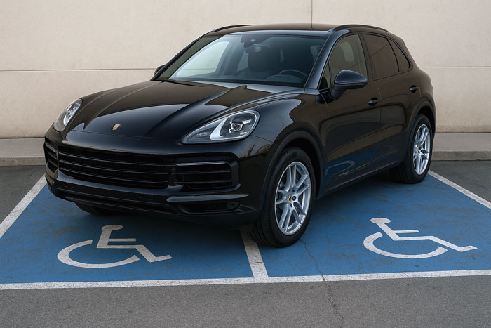 Black Porsche parked improperly across three handicap spots in a parking lot, causing controversy among netizens. Black Porsche parked improperly across three handicap spots in a parking lot, causing controversy among netizens.