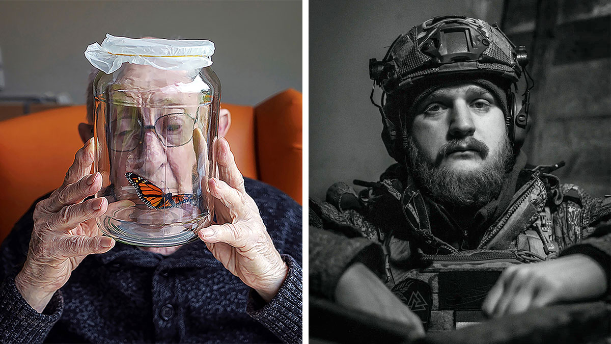Powerful portraits showing an elderly person holding a jar with a butterfly and a soldier in tactical gear in black and white.