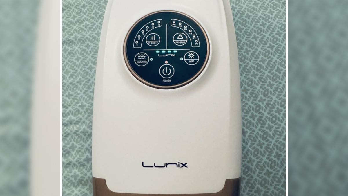 Lunix device with intensity, program, vibration, and heat controls on patterned surface for low-effort high-reward finds.