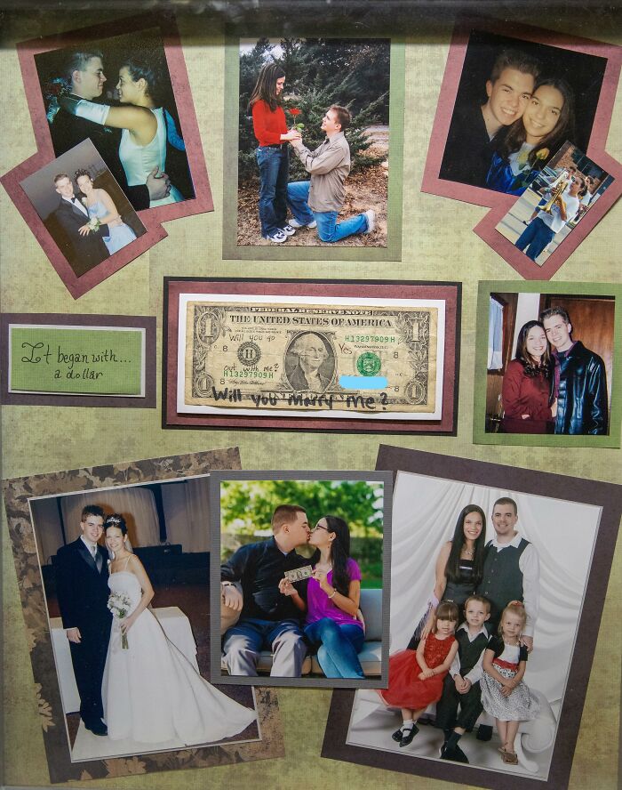 Scrapbook collage showing a marriage proposal on a dollar bill, wedding photos, and family moments celebrating a wife.