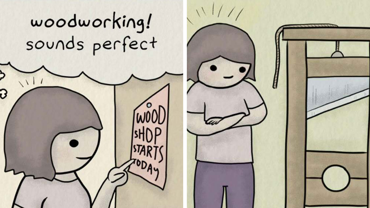 Comic illustrations showing a character trying to cope with anxiety through woodworking in a relatable human condition.