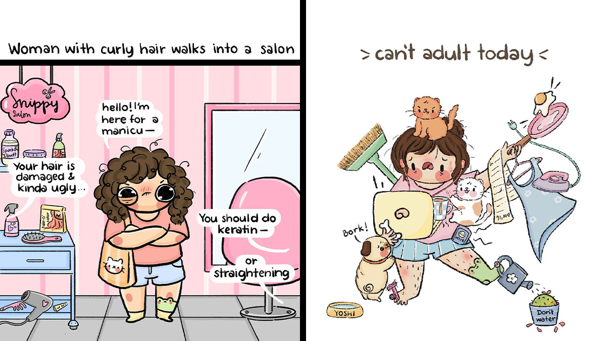 Akshara Ashok's comics showing relatable daily struggles with humor and chaotic multitasking in colorful illustrations.