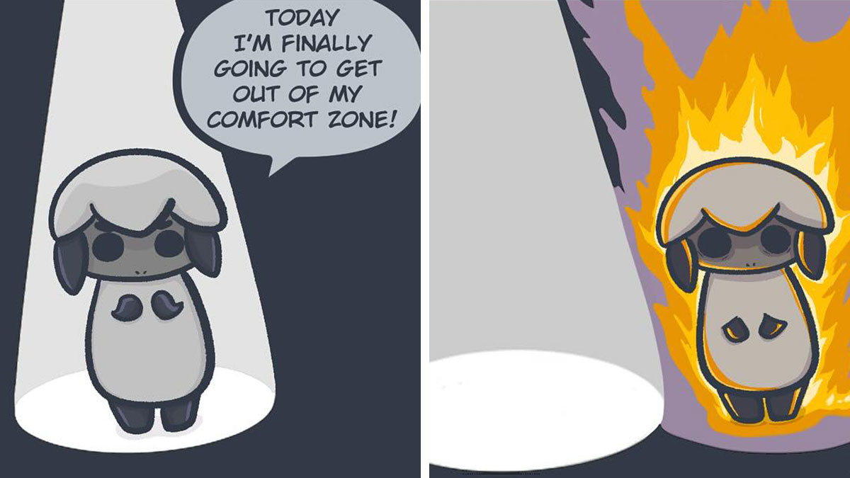 Cartoon character expressing growth and healing by stepping out of comfort zone with fiery determination in mental health comic.
