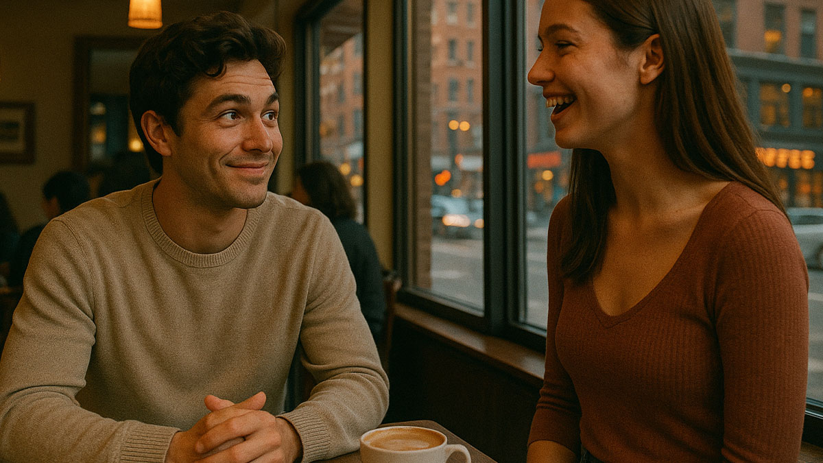 Woman and boyfriend sitting in cafu00e9, smiling and talking, with main SEO keyword boyfriend stalked her before they met.