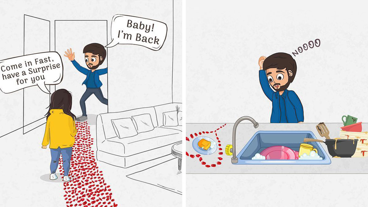 Couple in doodle cuddles comic with man surprising woman with rose petals and reacting to messy kitchen sink.